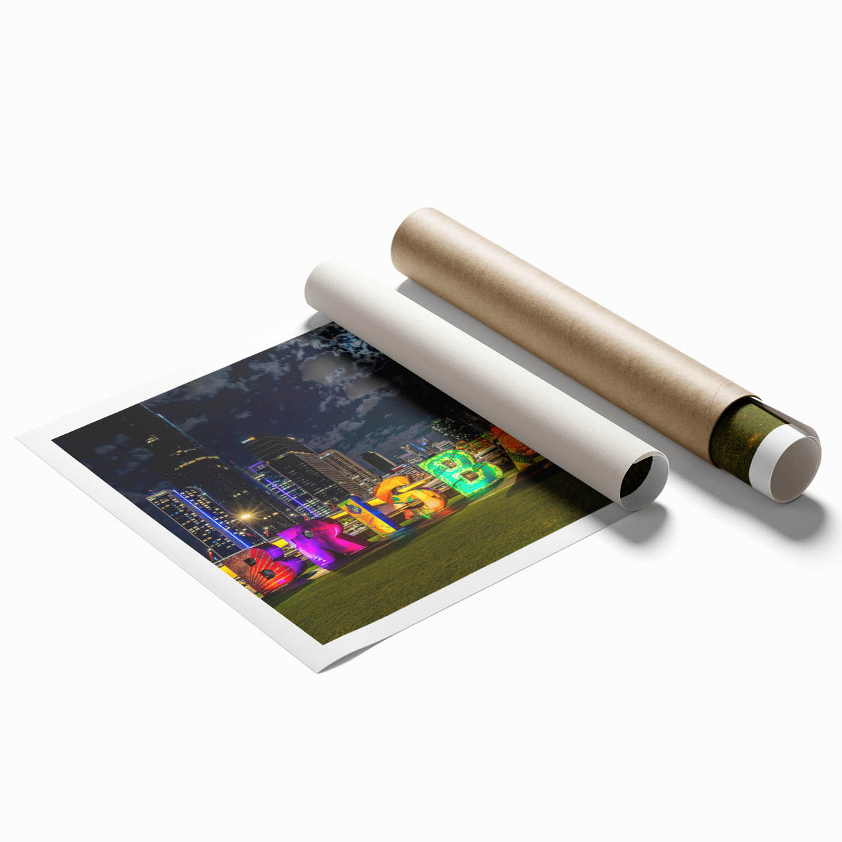 Extra large rolled print of Brisbane scenery with vibrant floral elements, ideal for classy bathroom wall art.