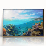 Mid-century modernist art of the Great Barrier Reef in vibrant blue tones on a framed acrylic.