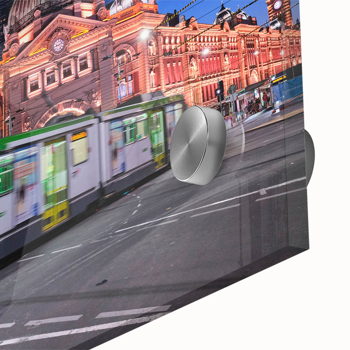 Large abstract wall art featuring the Melbourne skyline in muted blue and gray tones on acrylic glass.