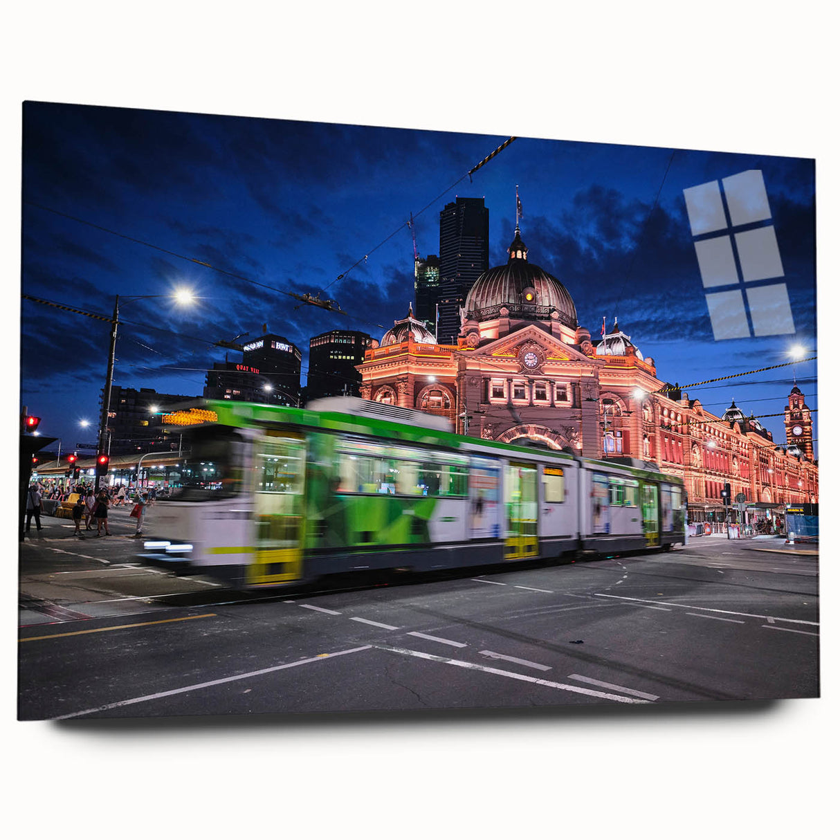 Large abstract wall art of Melbourne skyline in muted blue and gray on acrylic glass, ideal for bedroom or dining room decor.