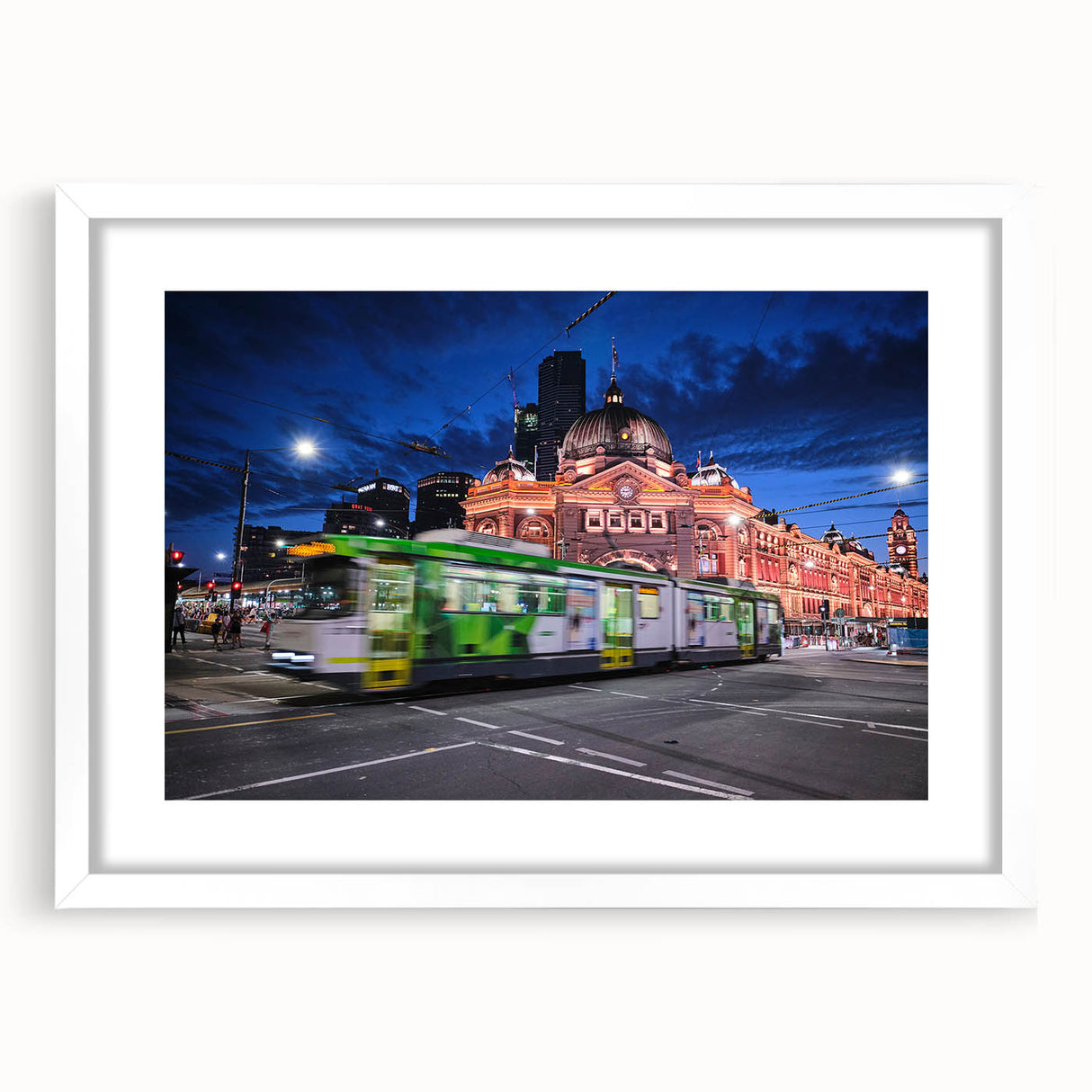 Extra large abstract art print of Melbourne scenery in muted earth tones on a white framed canvas.