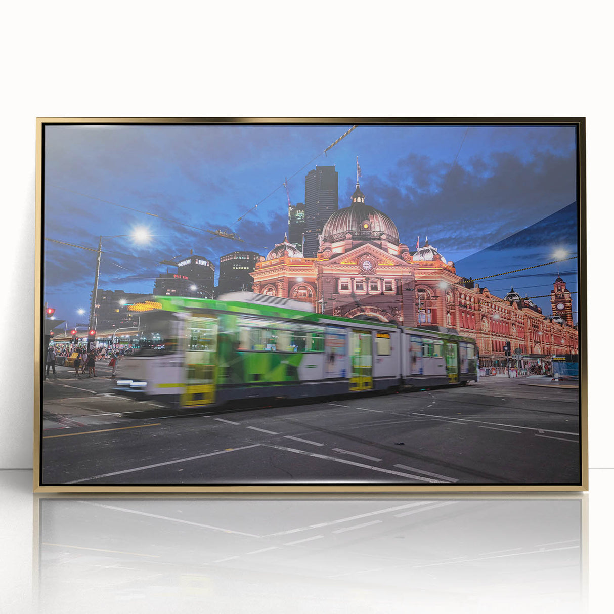 Mid-century modernist art of Melbourne skyline in gold and black tones on framed acrylic, suitable for modern art wall decor.