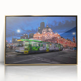 Mid-century modernist art of Melbourne skyline in gold and black tones on framed acrylic, suitable for modern art wall decor.