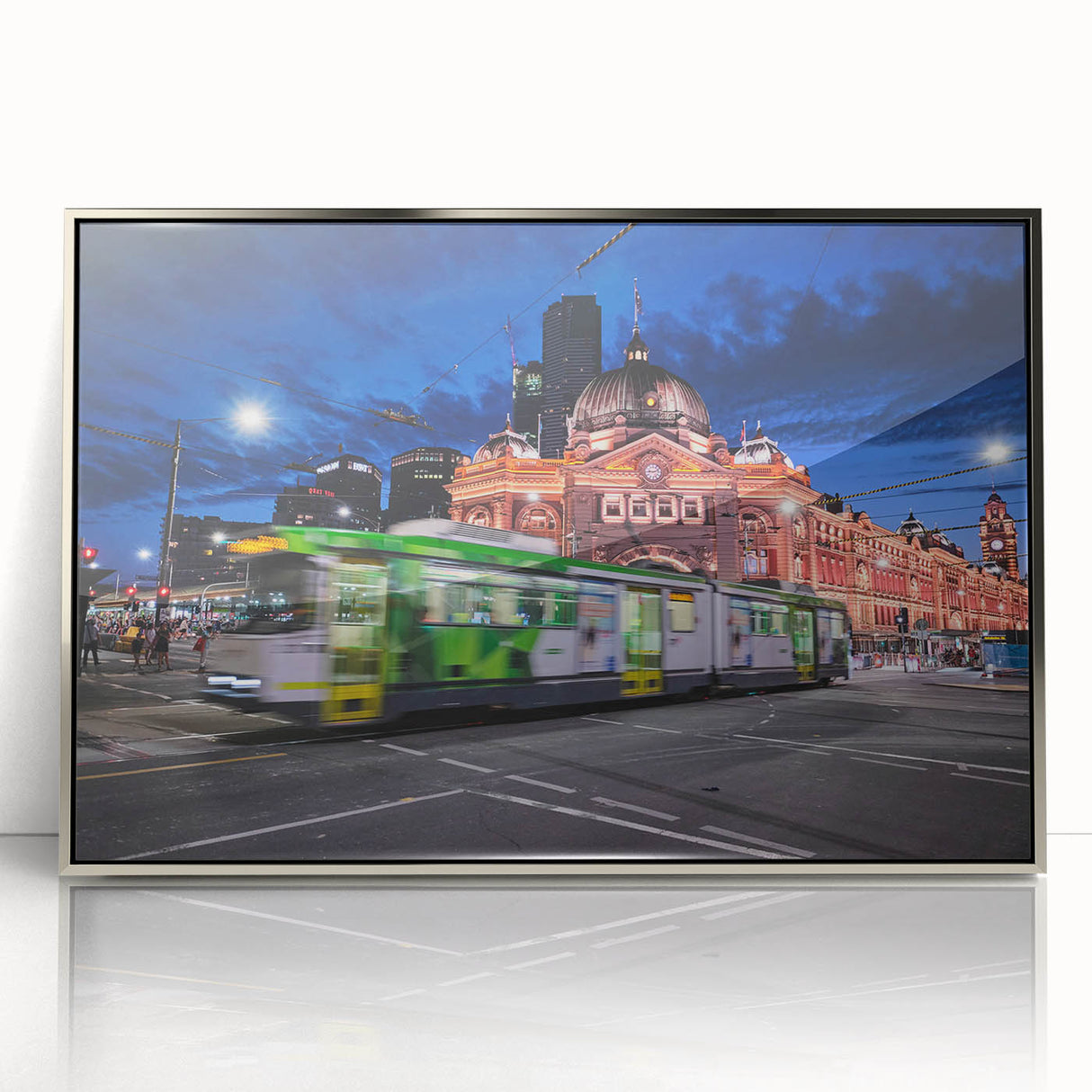 Art deco poster of Melbourne skyline in silver and gray tones on framed acrylic, suitable for modern art wall decor.