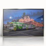 Art deco poster of Melbourne skyline in silver and gray tones on framed acrylic, suitable for modern art wall decor.