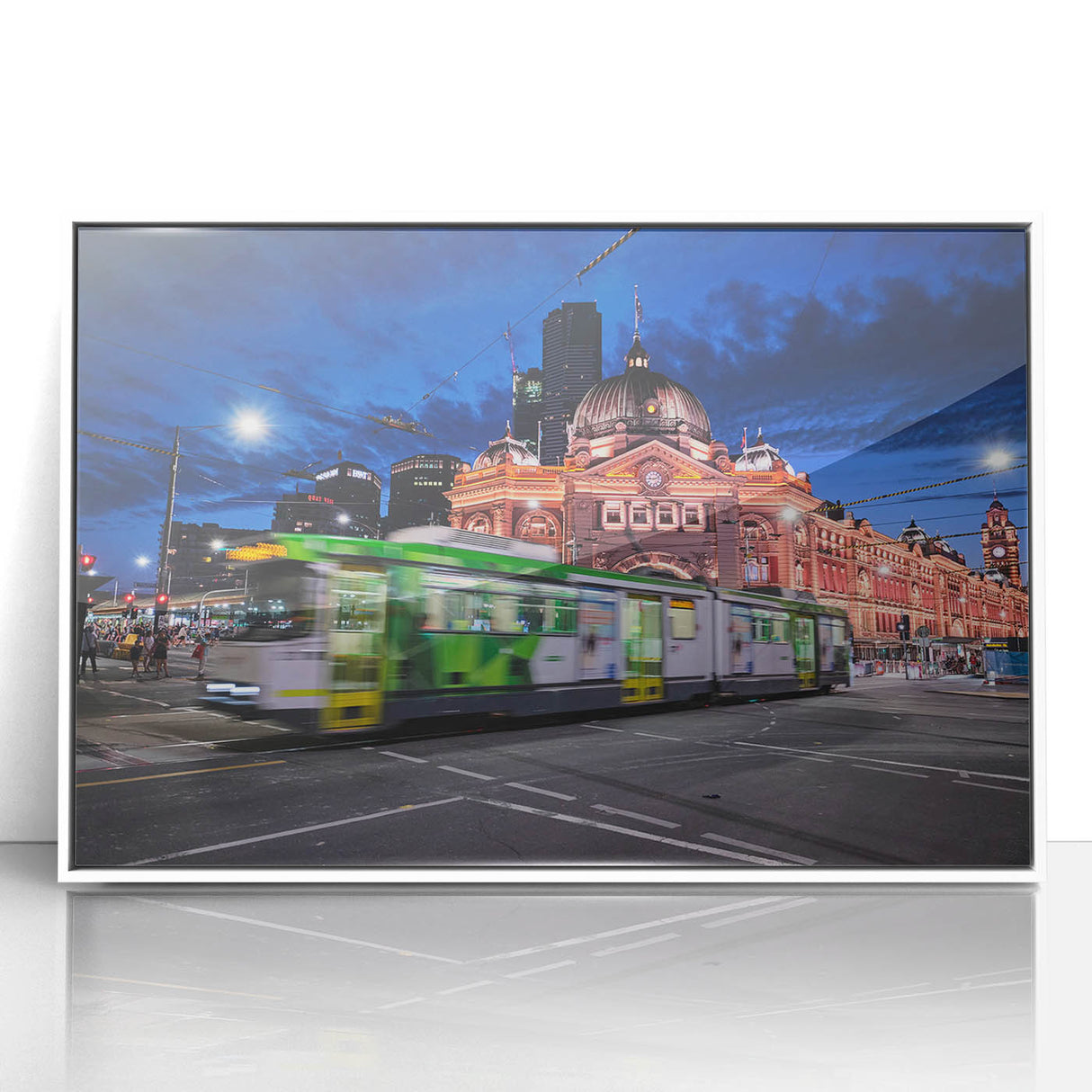 Acrylic print of Melbourne skyline in muted gray and blue tones, framed in white, suitable for modern art wall decor.