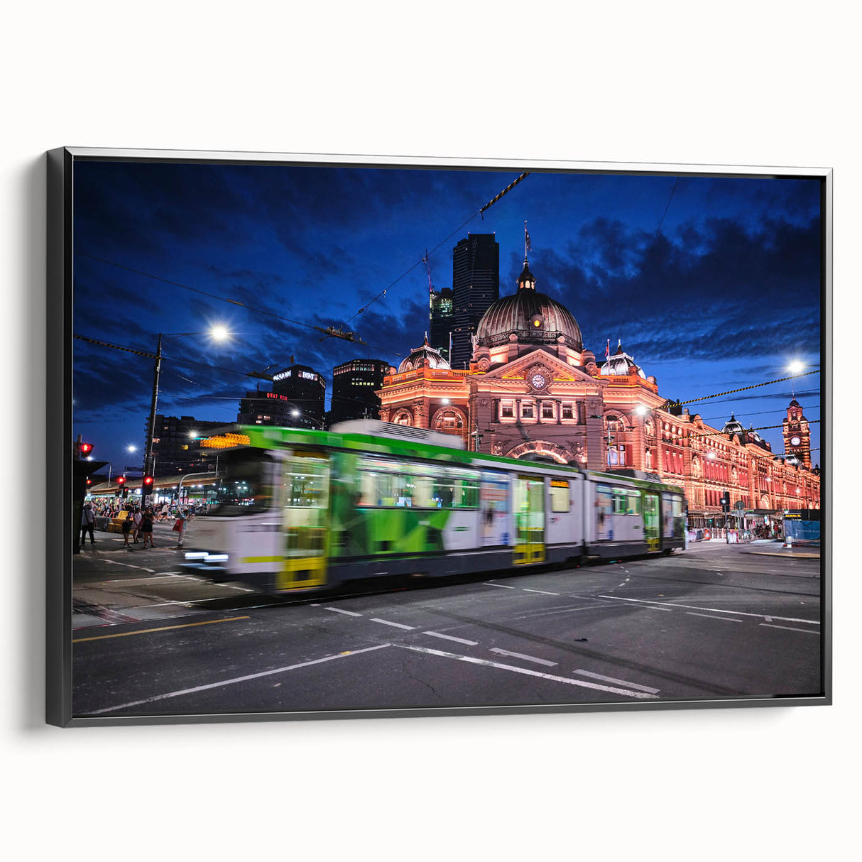 Black and white wall art of Melbourne landscape on framed canvas, suitable for bedroom decor.