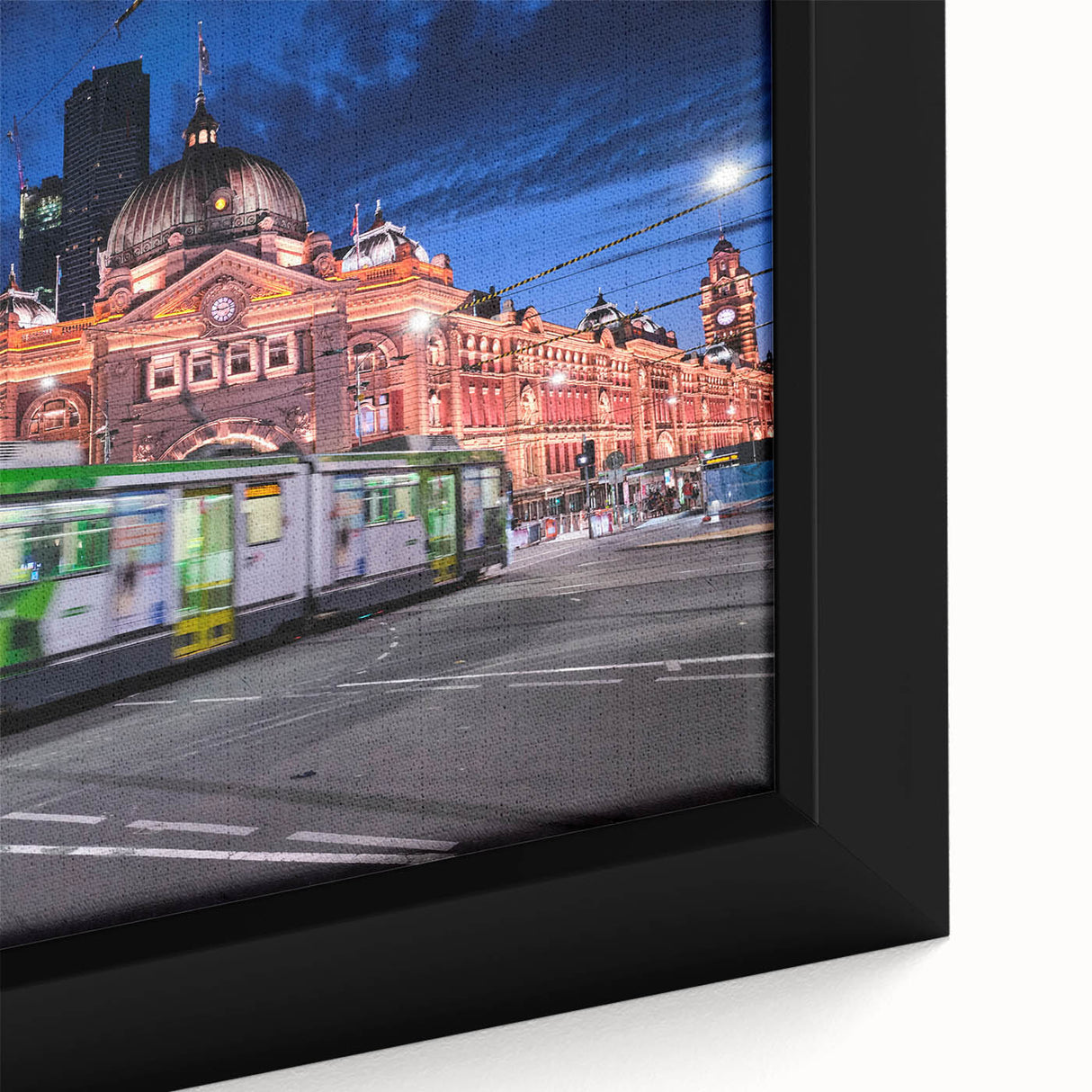 Extra large framed canvas of Melbourne skyline in black with colorful, textured accents, ideal for living room decor.