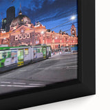 Extra large framed canvas of Melbourne skyline in black with colorful, textured accents, ideal for living room decor.