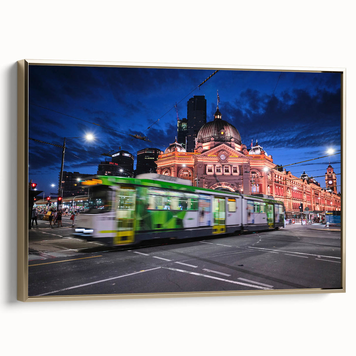 Framed canvas landscape art painting of Melbourne, featuring vintage poster style in black with colorful accents.
