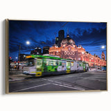 Framed canvas landscape art painting of Melbourne, featuring vintage poster style in black with colorful accents.
