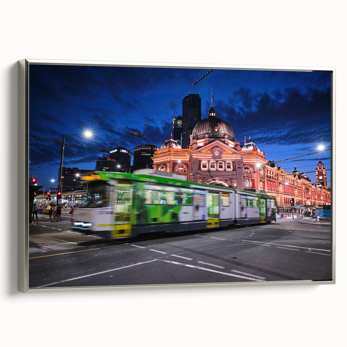 Vintage poster art of Melbourne skyline in vibrant colors on extra large framed canvas, ideal for living room decor.