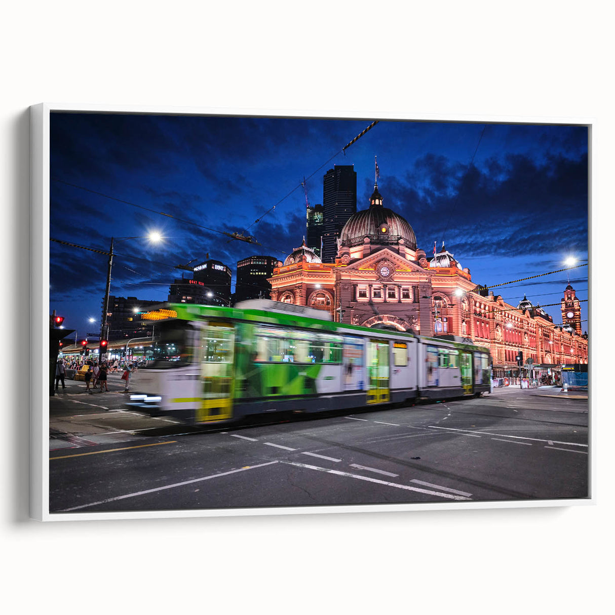 Framed canvas of Melbourne landscape with vintage poster style in black and white, suited for bedroom decor.