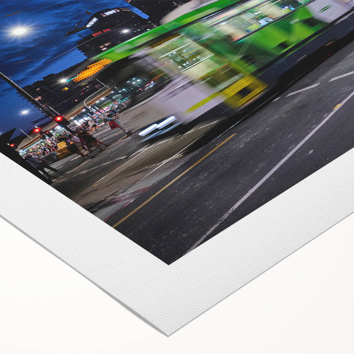 Art deco poster of Melbourne skyline in muted gray and blue tones on rolled canvas, suitable for dining room decor.