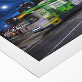 Art deco poster of Melbourne skyline in muted gray and blue tones on rolled canvas, suitable for dining room decor.