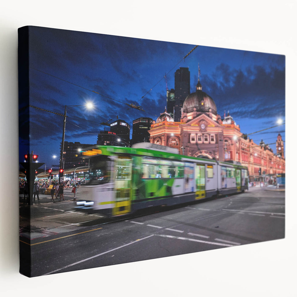 Panoramic view of Melbourne skyline in muted blue tones on a large stretched canvas, ideal for kitchen wall art.