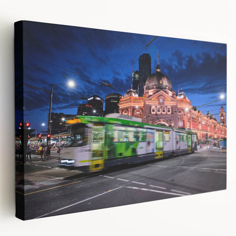 Panoramic view of Melbourne skyline in muted blue tones on a large stretched canvas, ideal for kitchen wall art.