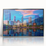 Silver-framed acrylic print of Perth, Australia skyline with muted blue and gray tones, suitable for modern art wall decor.