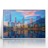 Framed acrylic print of Perth, Australia skyline in muted earth tones, ideal for modern art wall decor.