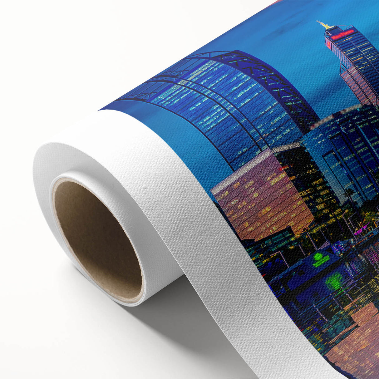 Art Deco style poster of Perth skyline in soft pastel shades on rolled canvas, ideal for nursery wall art.