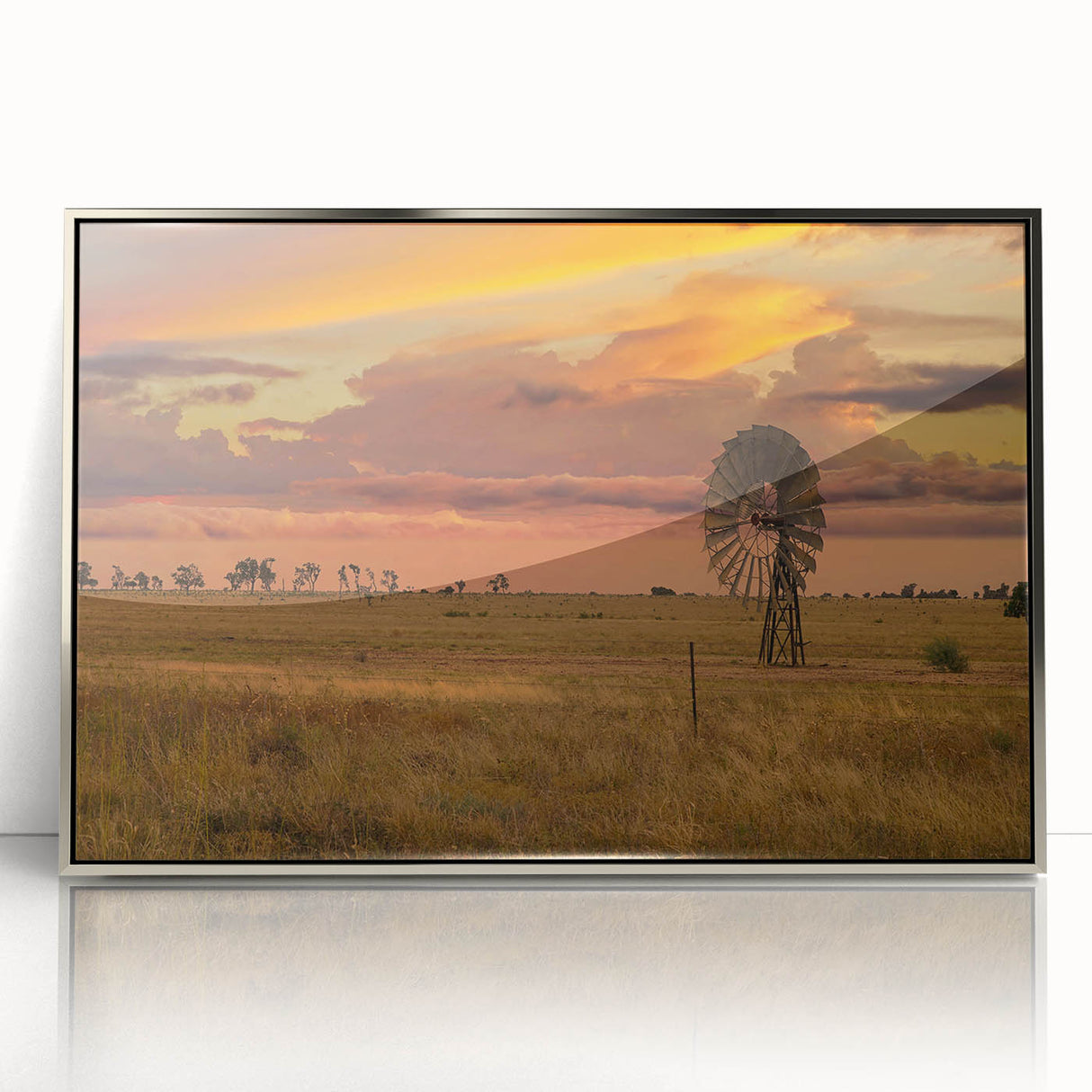 Art deco poster featuring Queensland, Australia scenery in muted earth tones on a silver-framed acrylic.