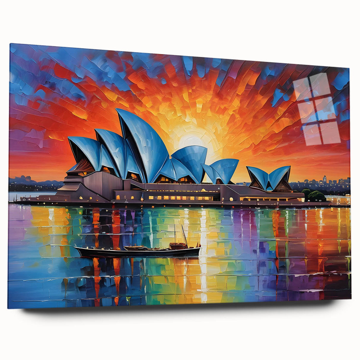 Large abstract depiction of Sydney skyline in muted blue and gray tones on acrylic glass.