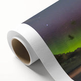 Art deco poster of Tasmania scenery in muted green and blue tones on rolled canvas, ideal for nursery wall art.