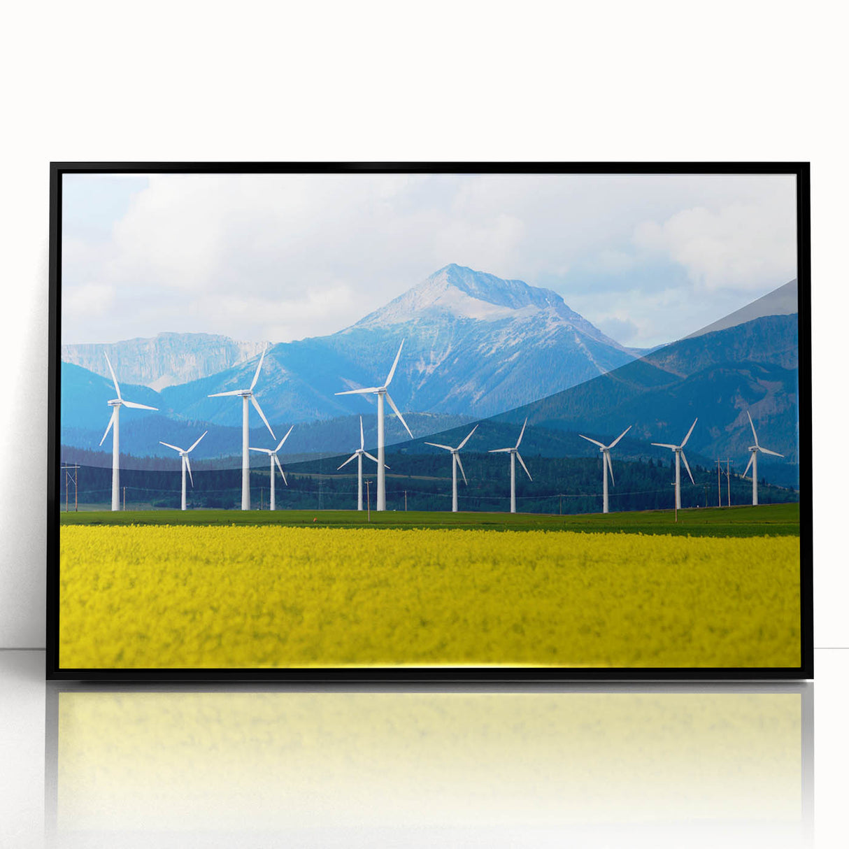 Large abstract wall art depicting the Alberta, Canada scenery in muted earth tones, framed in black acrylic.
