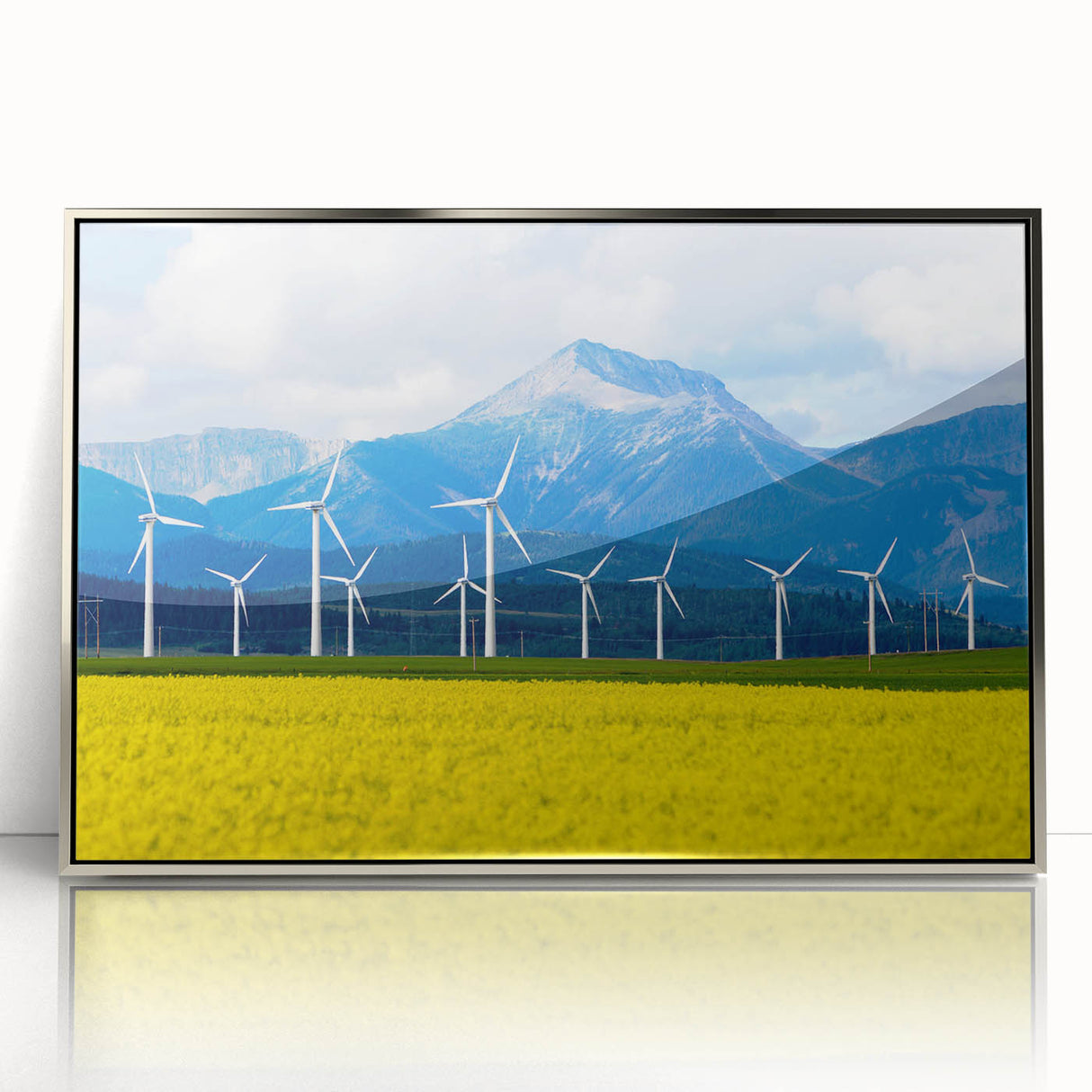 Mid-century modernist art depicting Alberta scenery in silver framed acrylic, suitable for nursery wall decor.