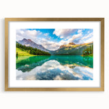 Extra large abstract art print of British Columbia scenery in gold frame, featuring textured brush strokes in neutral tones.