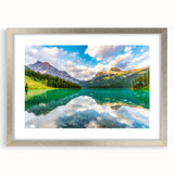 Textured abstract art print of British Columbia scenery in muted earth tones on a framed silver mat.