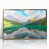 Large art print of a British Columbia scenery on framed acrylic, featuring muted earth tones and mid-century modernist style.