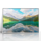 Acrylic print of British Columbia scenery on white-framed modern art wall decor with muted earth tones.