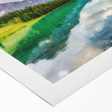 Art deco poster of British Columbia scenery in muted blue and green tones on rolled canvas.