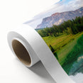 Art deco poster of British Columbia scenery on rolled canvas, featuring muted earth tones, ideal for nursery wall art.