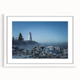 Abstract art print of a serene New Brunswick landscape in muted green and blue tones, framed with a white mat.