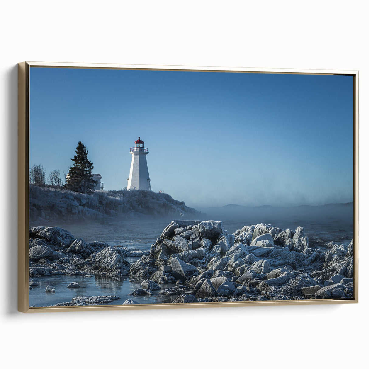 Framed canvas landscape art painting featuring a serene New Brunswick scenery in gold and black tones.