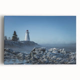 Black and white large art print of New Brunswick scenery on stretched canvas, ideal for kitchen wall art.