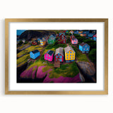 Abstract art print of textured Canadian Newfoundland scenery in muted earth tones, framed with a gold mat.