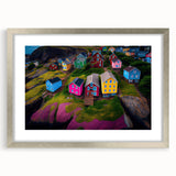 Textured abstract art print of a Newfoundland scenery in muted earth tones on a framed canvas, ideal for bedroom decor.