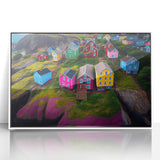 Mid-century modernist art of Newfoundland scenery in acrylic, white frame, ideal for nursery wall art.