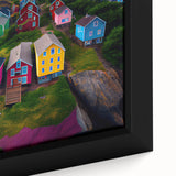 Black wall art featuring a textured, colorful scenery of Newfoundland on a large framed canvas, ideal for living room decor.