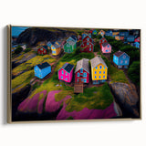 Framed canvas of a vintage-style Newfoundland landscape in muted gold and black, ideal for bedroom wall decor.