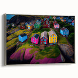 Vintage poster art of Newfoundland scenery on a framed canvas, featuring a blend of black and colorful art.