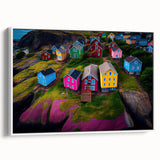 Framed canvas depicting a vintage-style Newfoundland landscape in muted earth tones, ideal for living room decor.