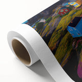 Art deco poster of Newfoundland scenery with muted green and blue tones on rolled canvas, ideal for nursery wall art.