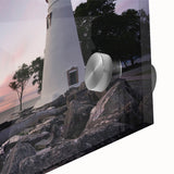 Acrylic print of a large abstract depiction of Nova Scotia scenery in mid-century modernist style.