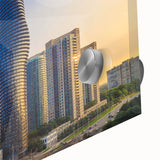 Large abstract wall art depicting Ontario scenery in muted earth tones on acrylic glass, suitable for dining room ambiance.