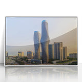 Framed acrylic print featuring a serene Ontario landscape in muted greens and blues, ideal for modern nursery wall decor.