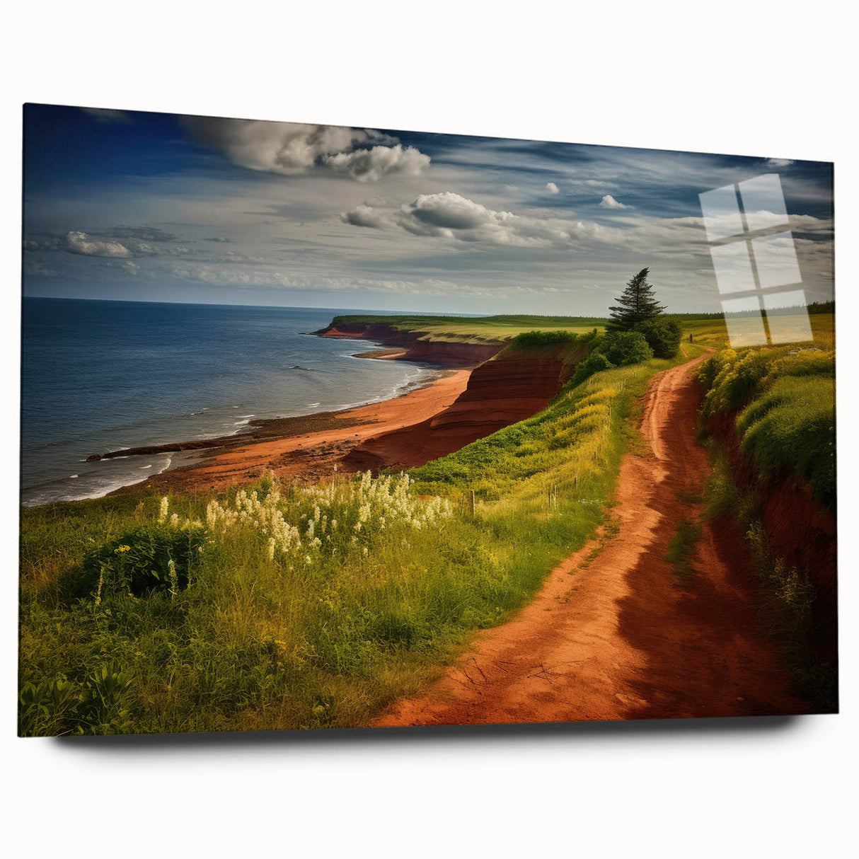 Acrylic print of a serene Prince Edward Island landscape in soft blue and green tones, ideal for bedroom or dining room art.